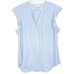 Reitmans Blue & White Check Gingham Plaid layer cap sleeve v-neck blouse L